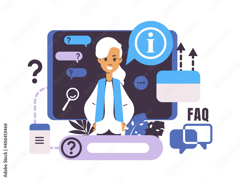 Poster Call center and customer support. Frequently asked questions. Isolated cartoon woman with speech bubbles. Online assistance for electronic device users. Answers and recommendations. Vector FAQ concept