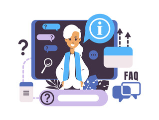Call center and customer support. Frequently asked questions. Isolated cartoon woman with speech bubbles. Online assistance for electronic device users. Answers and recommendations. Vector FAQ concept