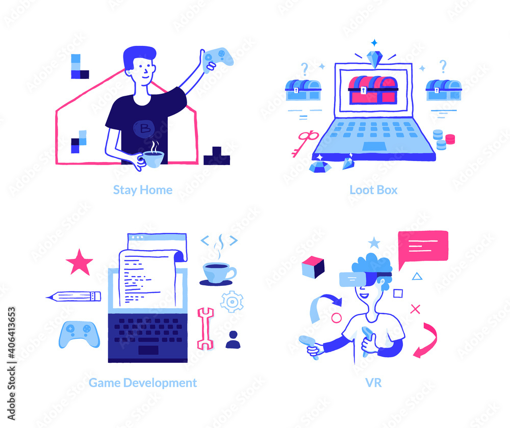 Poster game development concept. doodle vr gaming. cartoon boys holding joystick and wearing virtual realit