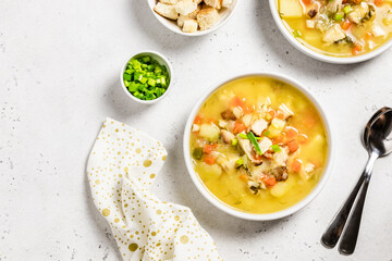 Instant pot split pea soup with smoked turkey. Space for text, top view.