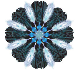 indian mandala with feathers and blue beads inside on white background 