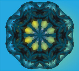 patterned mandala with yellow inner base on a blue background