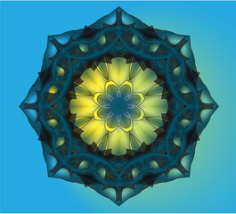 patterned mandala with yellow inner base on a blue background
