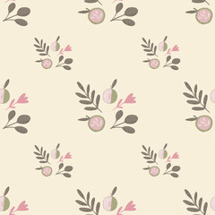 Minimalistic organic seamless pattern with green pale leaves and apples. Pink background.