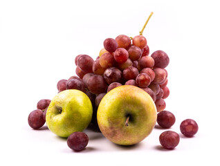 Naklejka na ściany i meble Bunch of grapes and apples on white background