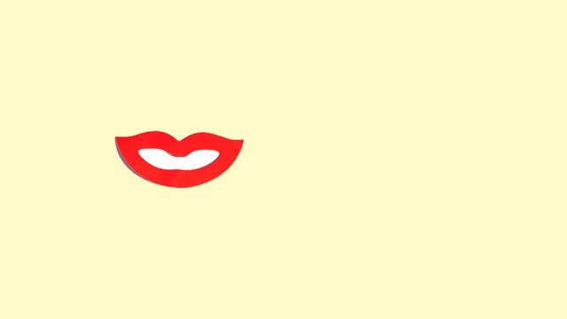 Stop motion animation Smile with red lips moves from left to right and increases in the center on a yellow background kiss on valentines day and fools day