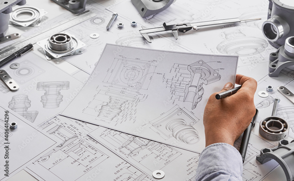Poster engineer technician designing drawings mechanical parts engineering engine.manufacturing factory ind