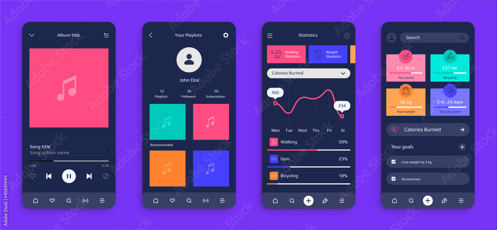 Poster Mobile UI. Realistic smartphone screens. Modern interface design for musical and fitness applications. Music player and sport statistics. Dark display mockups with infographic and buttons, vector set