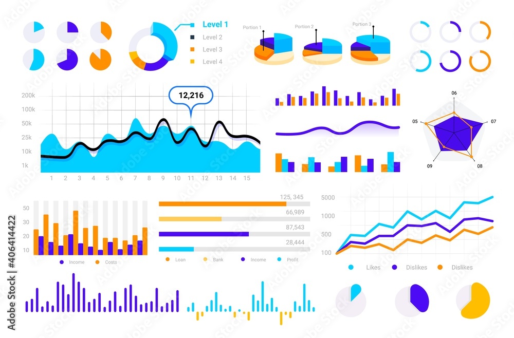 Poster Statistic graph. Graphic bars, round infographic pie charts, circle comparison diagrams, finance business presentation elements. Analytical information visualization kit. Presentation vector set