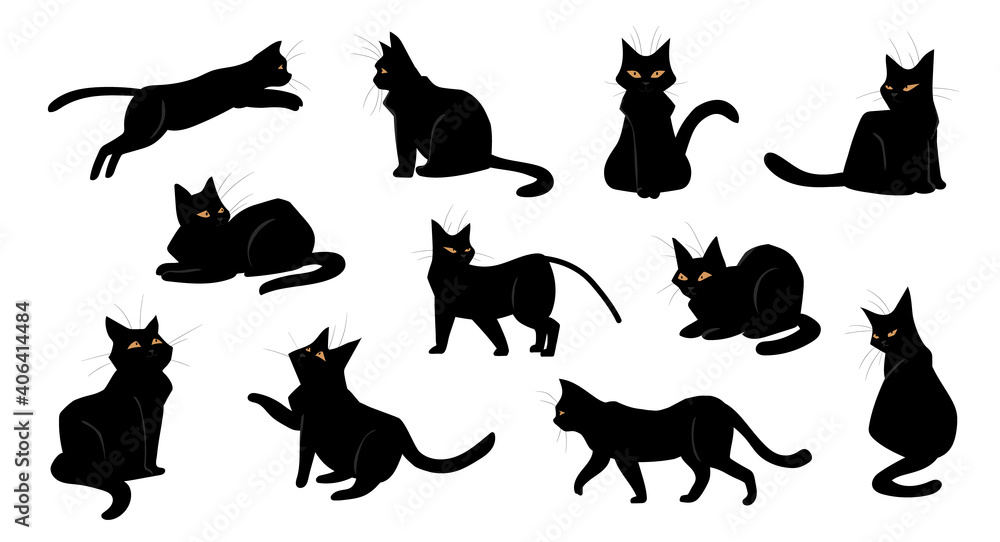 Wall mural cat. cartoon black kitten sitting and walking, standing or jumping. isolated poses of playful kitty.