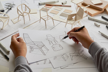 Designer sketching drawing design development product plan draft chair armchair Wingback Interior...