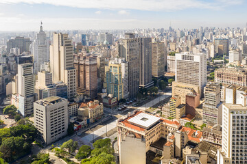 Historic buildings in the Anhangabau Valley in downtown São Paulo seen from above, Brazil