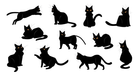 Cat. Cartoon black kitten sitting and walking, standing or jumping. Isolated poses of playful kitty. Cute shorthaired pet breed with yellow eyes. Collection of domestic animal silhouettes, vector set