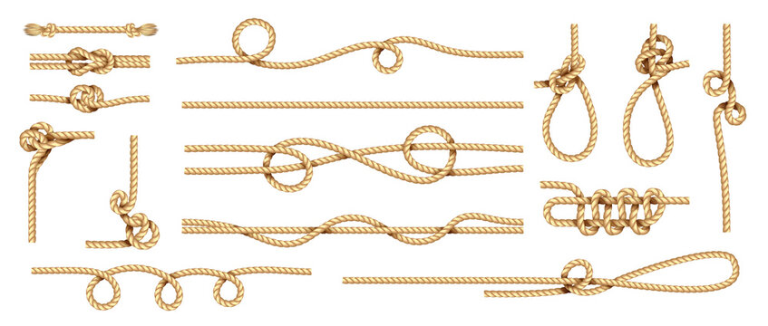 Realistic knots. Rope nodes and round cord threads. Isolated marine twisted loop. Collection of braided twines from hemp fibers. Yellow sailor cables with nooses. Decorative template, vector set