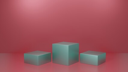 Obraz premium Display pedestal cube box geometric square product stand blank empty space podium stage showcase mock up boxes design presentation cosmetic template backdrop studio abstract background . 3d render.