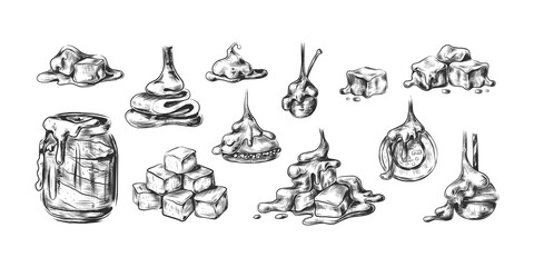 Liquid caramel. Toffee drop sketch style collection, sweet dessert splash, candy syrup or topping for desserts, square sugar candy lollipops. Vector caramelized sauce isolated on white background set