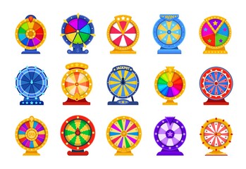 Spin wheels. Cartoon lottery circle. Fortune roulette games. Collection of rotating casino equipment for raffling prizes. Isolated colorful twisting drums. Money win and jackpot, vector flat set