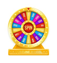Fortune wheel. Cartoon rotating circle with colored sectors and arrow element. Lottery and random raffle prizes. Isolated spinning roulette. Win money or gifts. Risky games in casino, vector gambling