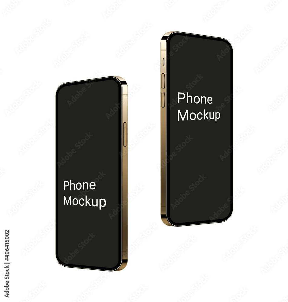 Poster realistic gold smartphone mockup, flying up 3d mobile device scene with empty screen. frame less mod