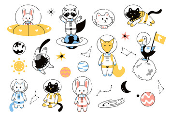 Space animals. Adventure astronauts on alien planet and galaxy. Cute cats and fox, rabbit or raccoon wearing spacesuits. Cartoon goose flying on spaceship and exploring universe, vector cosmonauts set