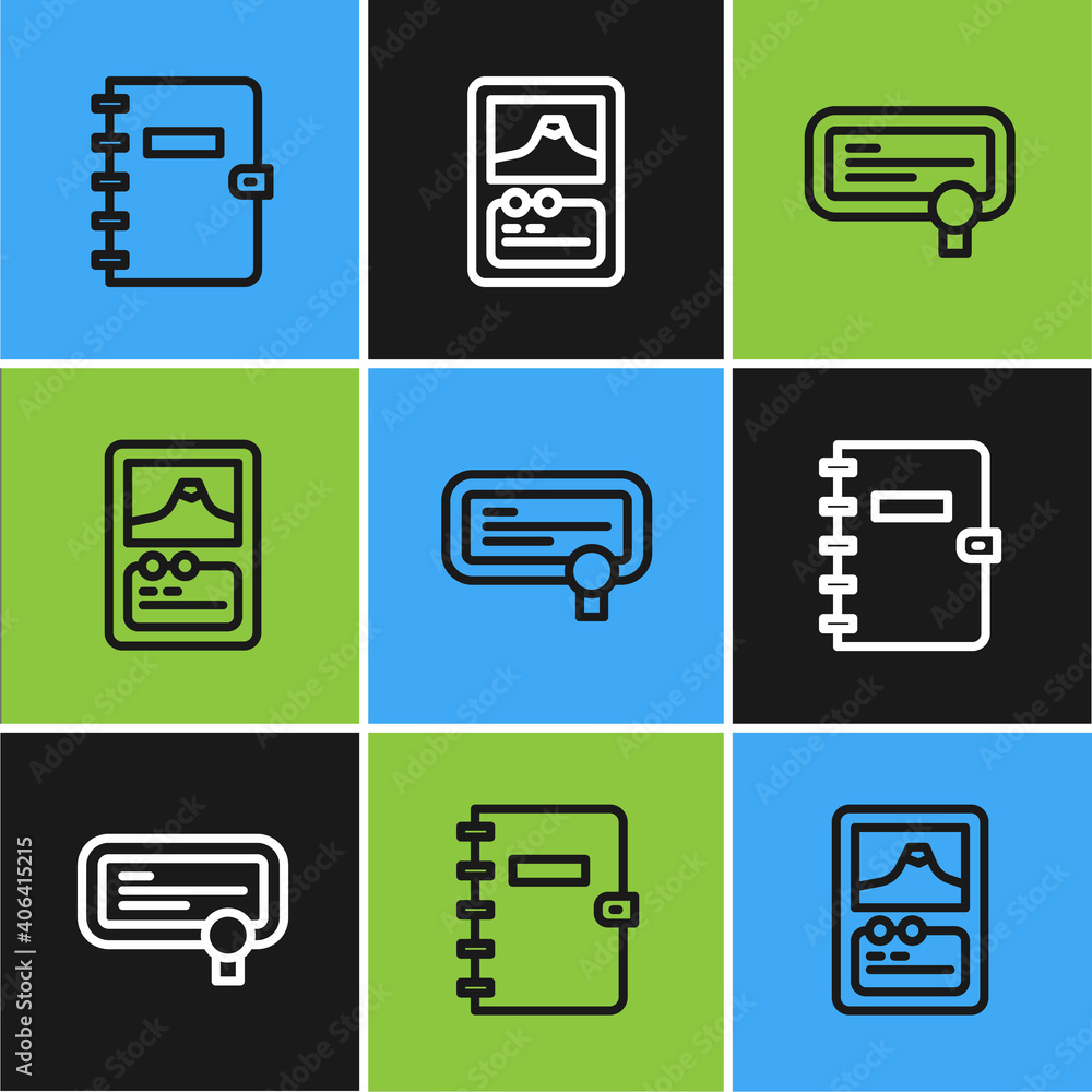 Poster set line spiral notebook, certificate template and card game icon. vector.
