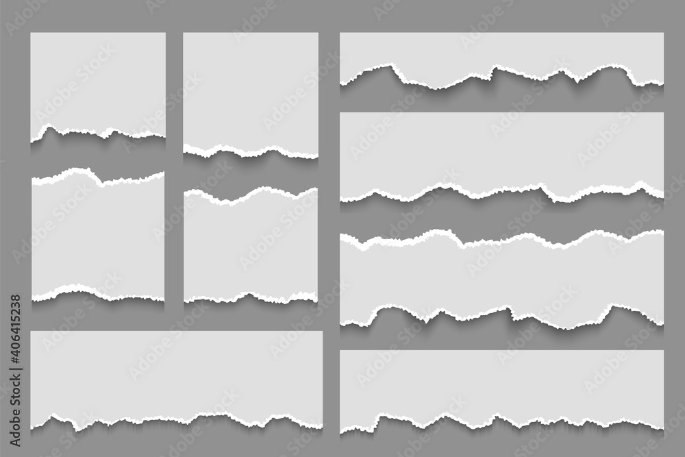 Poster Torn paper notes. White ripped strips of notebook. Narrow and wide ragged cardboard fragments. Blank shreds of notebook pages with curved separation lines. Decorative template, vector isolated set