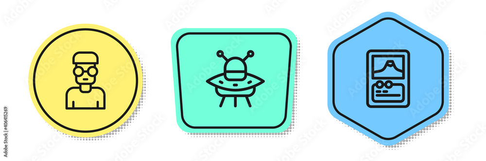 Poster set line nerd geek, ufo flying spaceship and card game. colored shapes. vector.
