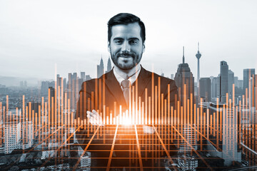 Prosperous Caucasian trader in suit in crossed arms pose dreaming about positive behavior of stock market. Trading at corporate finance fund. Forex chart. Kuala Lumpur. Double exposure.
