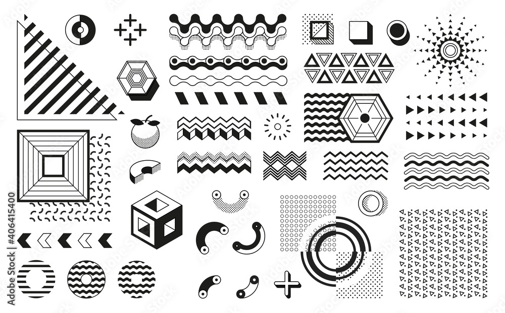 Fototapete Memphis geometric shapes. Retro black and white halftone pattern and trendy design elements. Abstract modern minimal shapes, dots and lines. Vector round and square forms isolated on white background