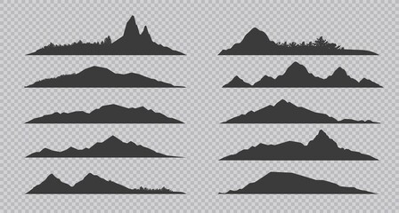 Mountain silhouette. Black outline rocks and hills with forests. Collection of contour landscapes on transparent background. Skyline and panoramic of rocky peaks and coniferous trees. Vector flat set