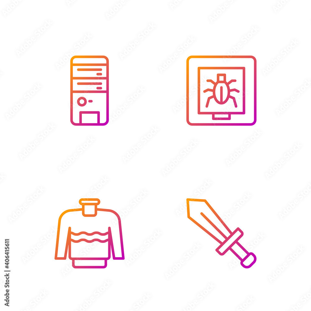 Poster set line sword for game, sweater, computer and insects in frame. gradient color icons. vector.