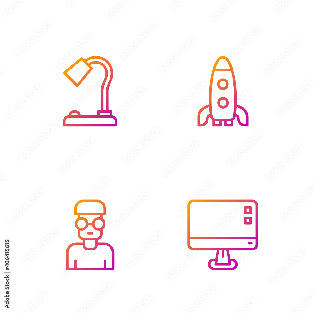 Poster set line computer monitor screen, nerd geek, table lamp and rocket ship. gradient color icons. vecto
