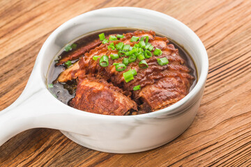 Steamed Belly Pork with Santow Mustard Cabbage. Oriental Cuisine, Asia Recipe,