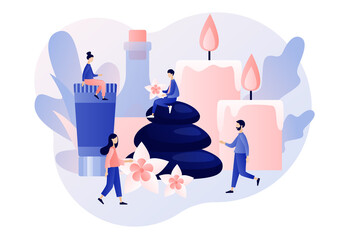 Spa therapy concept. Tiny people relaxing with accessories for relaxing atmosphere, candles, aroma oils, hot stones. Beauty procedure and body care.  Modern flat cartoon style. Vector illustration