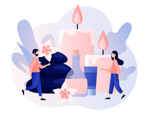Spa therapy concept. Beauty procedure and body care. Tiny people relaxing with accessories for relaxing atmosphere, candles, aroma oils, hot stones. Modern flat cartoon style. Vector illustration
