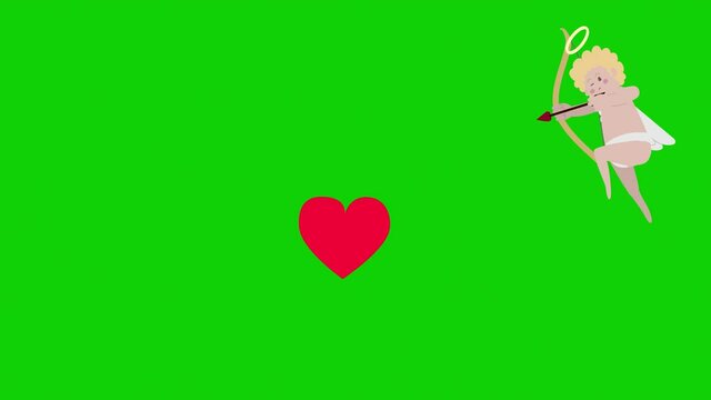 Cartoon cupid shooting an arrow at a heart isolated on green screen