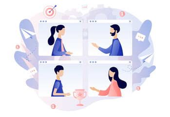 Tiny people speak in video conference. Online conference concept. Online meeting. Social distancing and self-isolation during coronavirus quarantine. Modern flat cartoon style. Vector illustration 