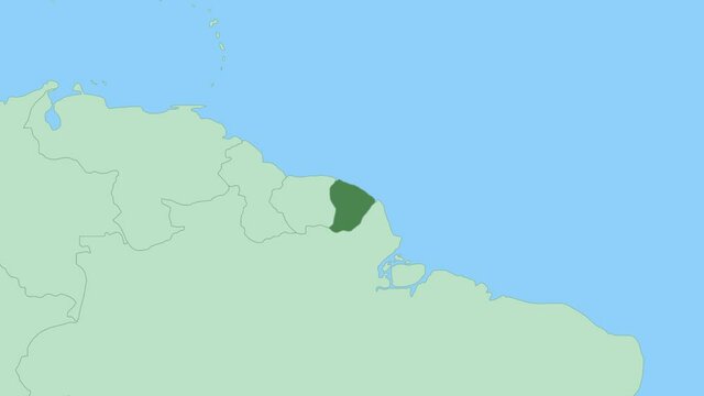 Map of French Guiana with pin of country capital. French Guiana Map with neighboring countries in green color.