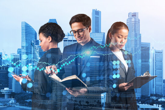 Group of business colleagues working on new venture capital and hi-tech start up and try to forecast risks and estimate prospective earning growth. Hologram chart on Singapore background.