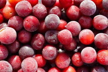 Small frozen red cherries in a container