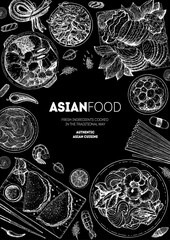 Asian cuisine sketch collection. Hand drawn vector illustration. Food menu design template, engraved elements. Asian Food set.