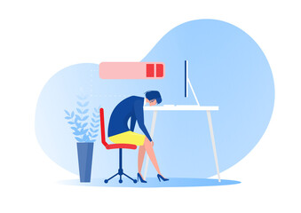 Female office worker sleeping at the table with low battery. syndrome,mental health problems,hard work concept vector
