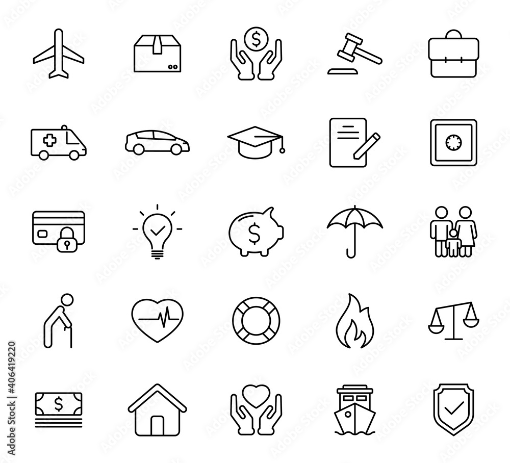Poster insurance outline vector icons isolated on white. insurance icon set for web and ui design, mobile a