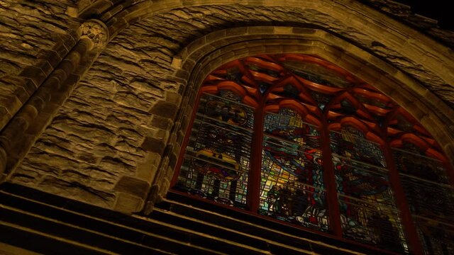 Beautiful and historic masonry and stain glass exterior of the Christ Church Cathedral at Sparks Street in Ottawa, Ontario, Canada.