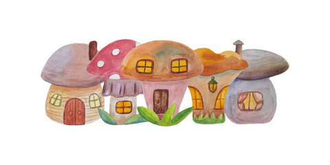 Illustration with houses in the form of mushrooms on a white background. Drawn in watercolor by hand.