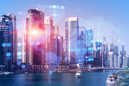 Skyscrapers of Dubai business downtown. International hub of trading and financial services. Social network icons hologram, concept of human resources. Double exposure. Dubai Canal waterfront. - Powered by Adobe