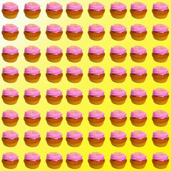Cupcakes with white and pink cream on a yellow and white background, flat layout, pattern, wallpaper, banner, template