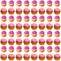 Fototapeta na wymiar Cupcakes with white and pink cream on a white background, flat layout, seamless pattern, wallpaper, banner, template
