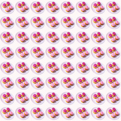 Obraz premium Cupcakes with white and pink cream on a white plate on a white background, flat layout, pattern, wallpaper, banner, template