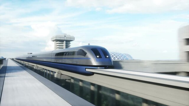 futuristic train station with monorail and train. traffic of people, crowd. Concrete architecture. Future concept. Realistic 4k animation.